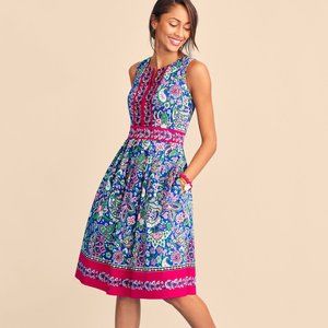 Talbots Blue Paisley Sleeveless Fit-and-Flare Dress with Pink Trim